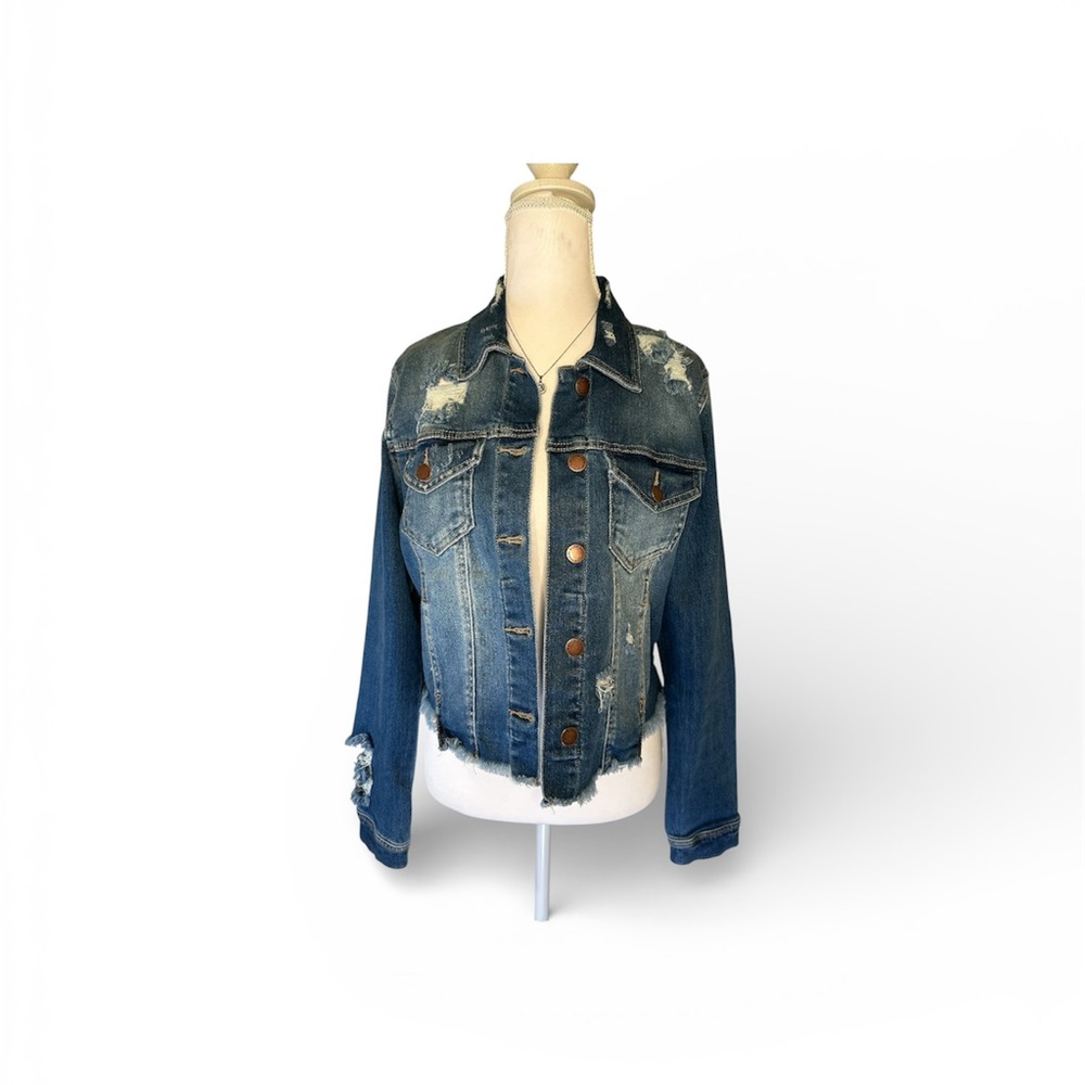 Risen Distressed Cropped Denim Jacket Small Raw Hem